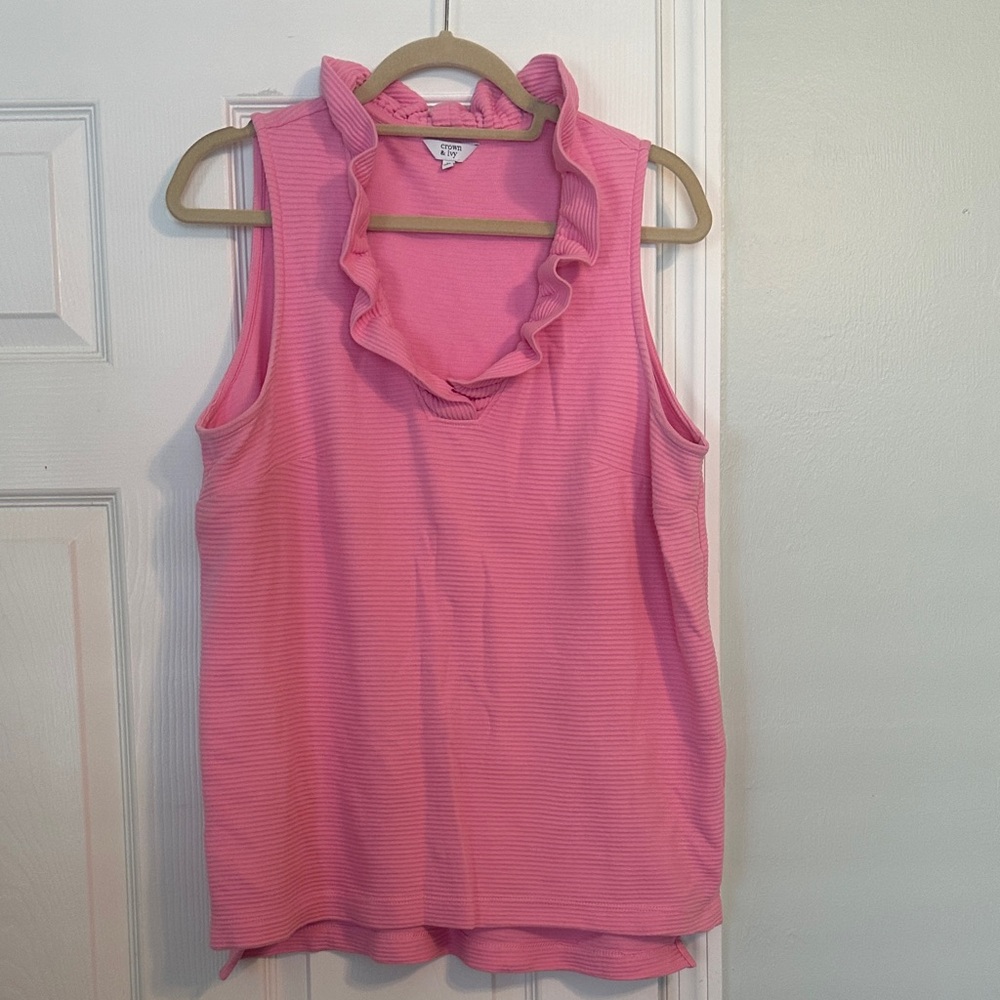 Crown & Ivy Pink Ruffle Neck Tank Top